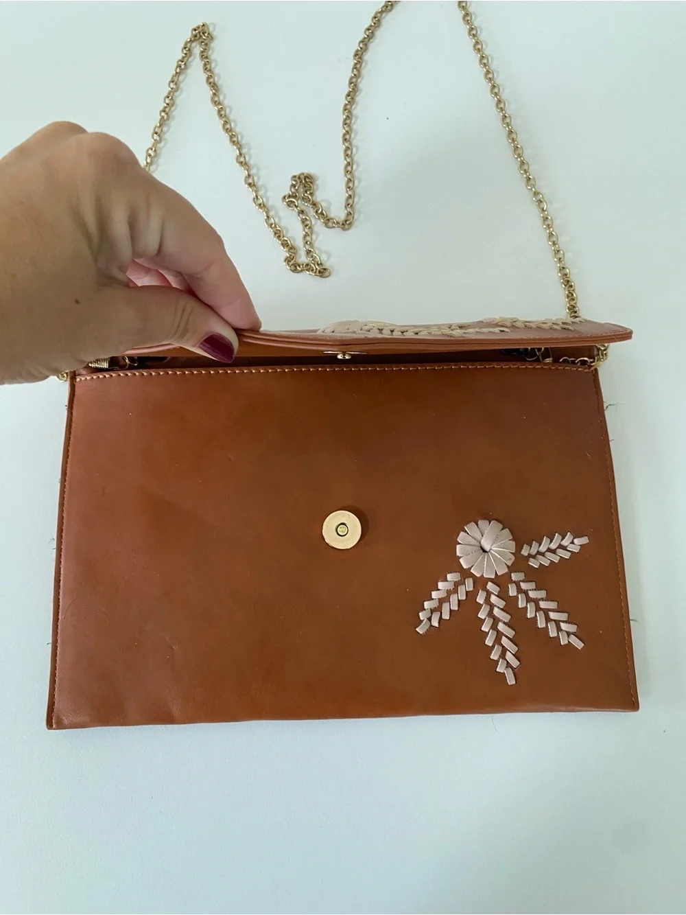 Francesca's Collections Bohemian Clutch with Pink Floral Appliqué & Gold Chain